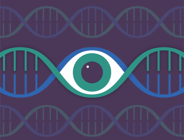 An illustration shows an eye in the middle of DNA strands
