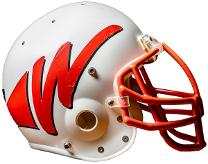 A white helmet with a zigzaggy red W on it.