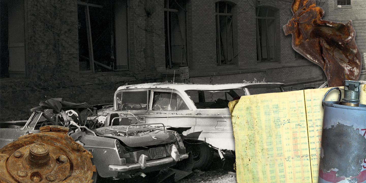 Collage of photos and items from the Sterling Hall bombing.