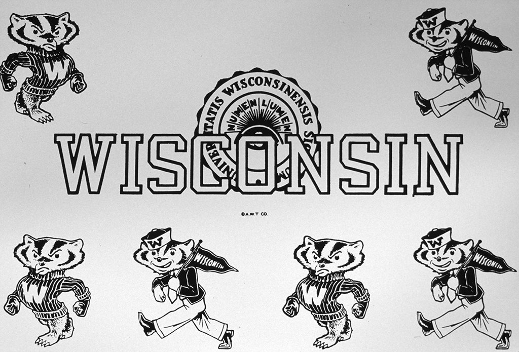 Two parading badgers, one tough looking and one friendlier looking repeated on a sticker sheet with the word Wisconsin and the Numen Lumen seal in the middle.
