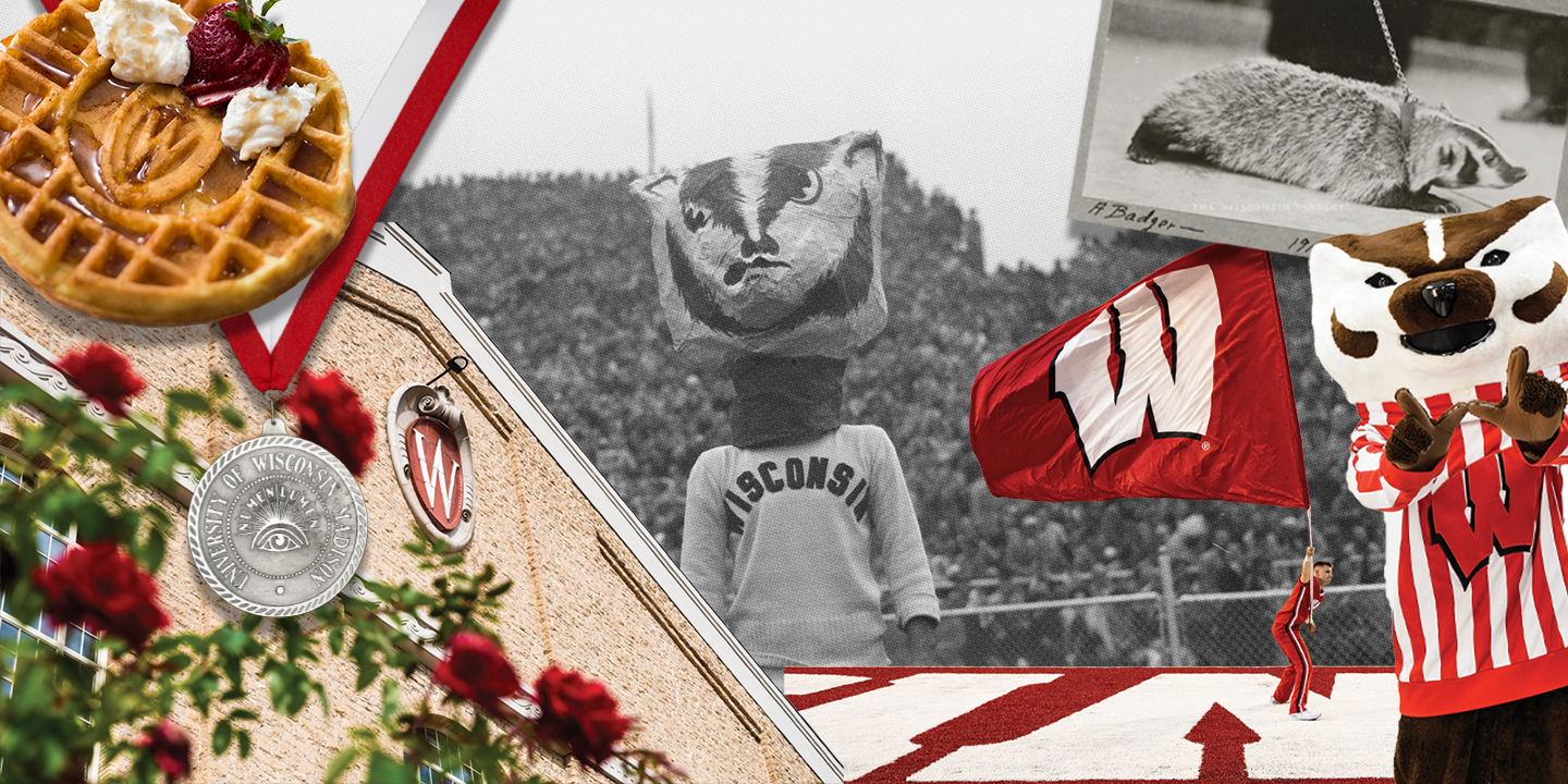 A collage of UW branded items including the Field House crest, Numen Lumen, Bucky Badger, and the motion W.