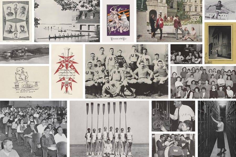 A collage of photos from Badger Yearbooks, 1885–1959.