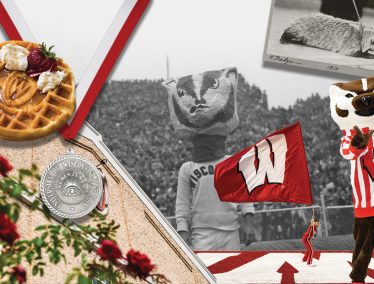 A collage of UW branded items including the Field House crest, Numen Lumen, Bucky Badger, and the motion W.