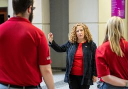 Chancellor Mnookin talks with people on a campus tour