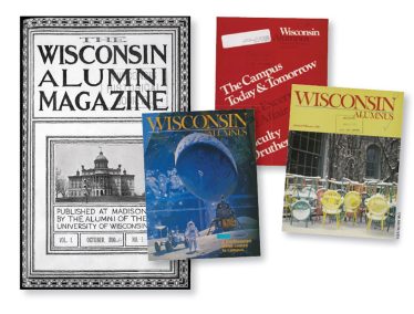 Photo collage of old covers of On Wisconsin