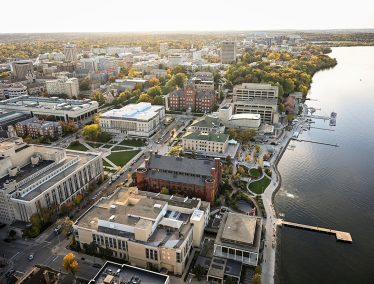 Aerial view of central campus on Lake Mendota.