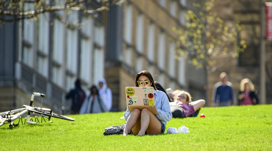 Student seated on Bascom Hill lawn works on laptop
