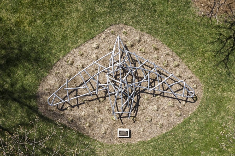 Overhead view of Effigy Bird Form, a metal framework sculpture in the shape of a bird