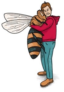 Illustration of person hugging a cartoonishly large bee