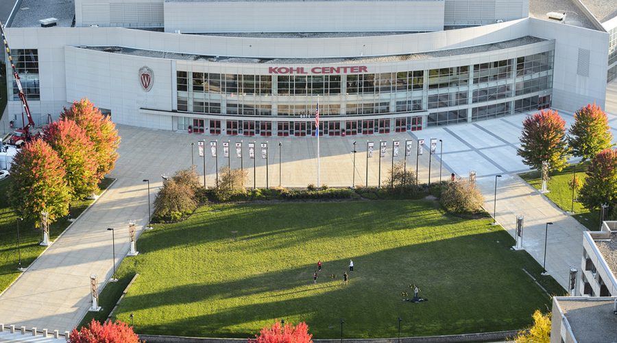 Aerial photo of the lawn outside the Kohl Center