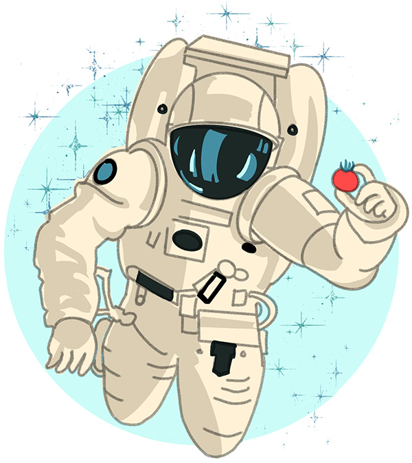 An illustration of an astronaut in space holding a small tomato.