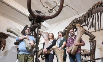 Geology staff pose with replicas of large bones