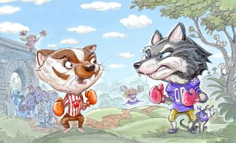 An illustration of the University of Wisconsin–Madison mascot, Bucky Badger, and the University of Washington mascot, Harry the Husky, facing off, wearing boxing gloves.