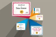 Illustration of certificates for Data Science, Disability Rights and Services, Business Fundamentals, Consulting, and Sports Communication