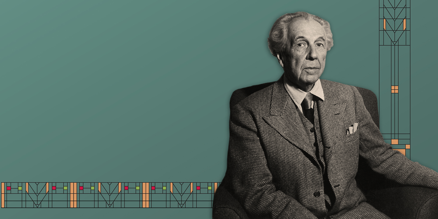 Photo illustration of a black and white photo of Frank Lloyd Wright against a green background with a patterned border that evokes his architectural style