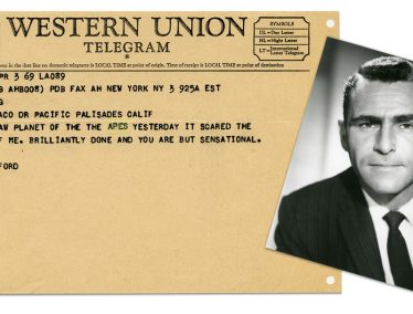 Telegram from Joan Crawford to Rod Serling on yellowed paper and black and white photo of Rod Serling