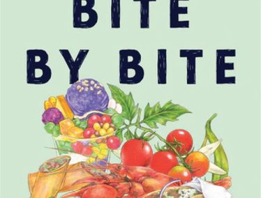 Book cover: Bite by Bite by Aimee Nezhukumatathil which features an illustration of a variety of healthy foods on the cover.