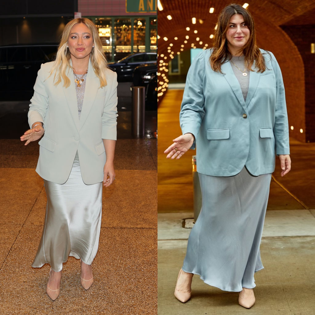 Side-by-side photos of celebrity Hillary Duff and Sturino wearing similar outfits of light blue blazers and long silk skirts with a nude high heel.