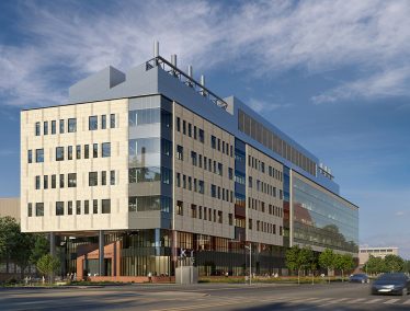 An architect's illustration of the new Phillip A. Levy Engineering Center, with seven visible stories.