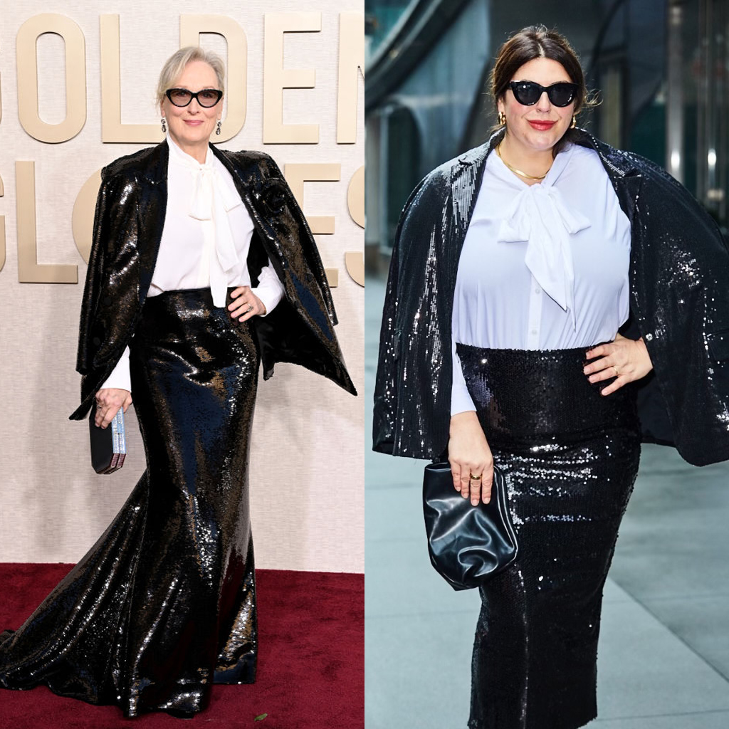 Side-by-side photos of celebrity Meryl Streep and Sturino wearing similar outfits of sequined black jackets and skirts with a white blouse and handbag. 