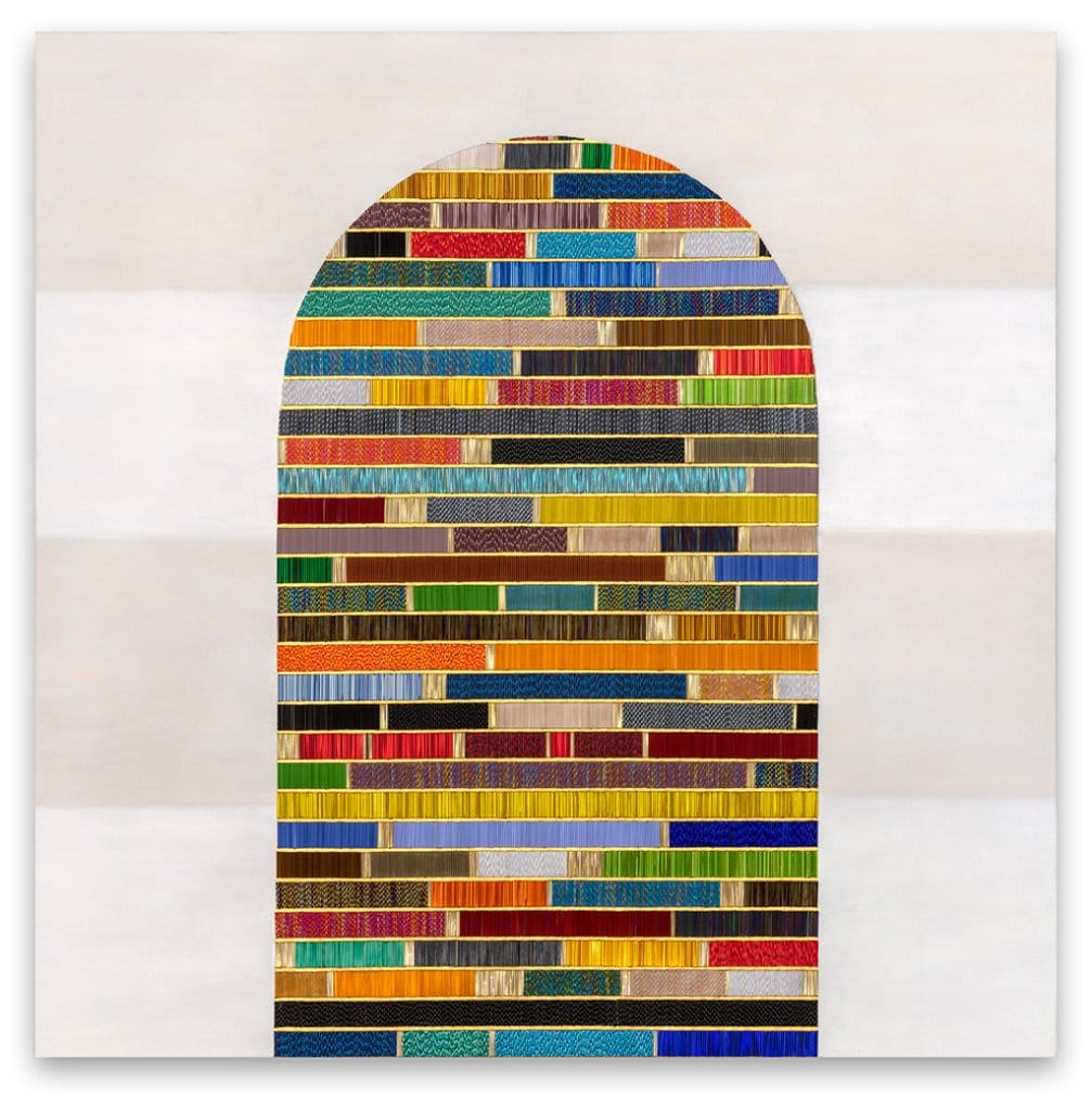 An archway of bands of small geometric lines of color on a neutral background.