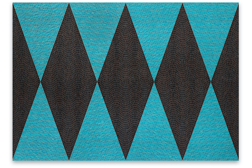 Artwork depicting angles made of small black and aquamarine colored tiles.