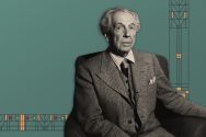 Photo illustration of a black and white photo of Frank Lloyd Wright against a green background with a patterned border that evokes his architectural style.