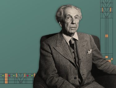 Photo illustration of a black and white photo of Frank Lloyd Wright against a green background with a patterned border that evokes his architectural style.