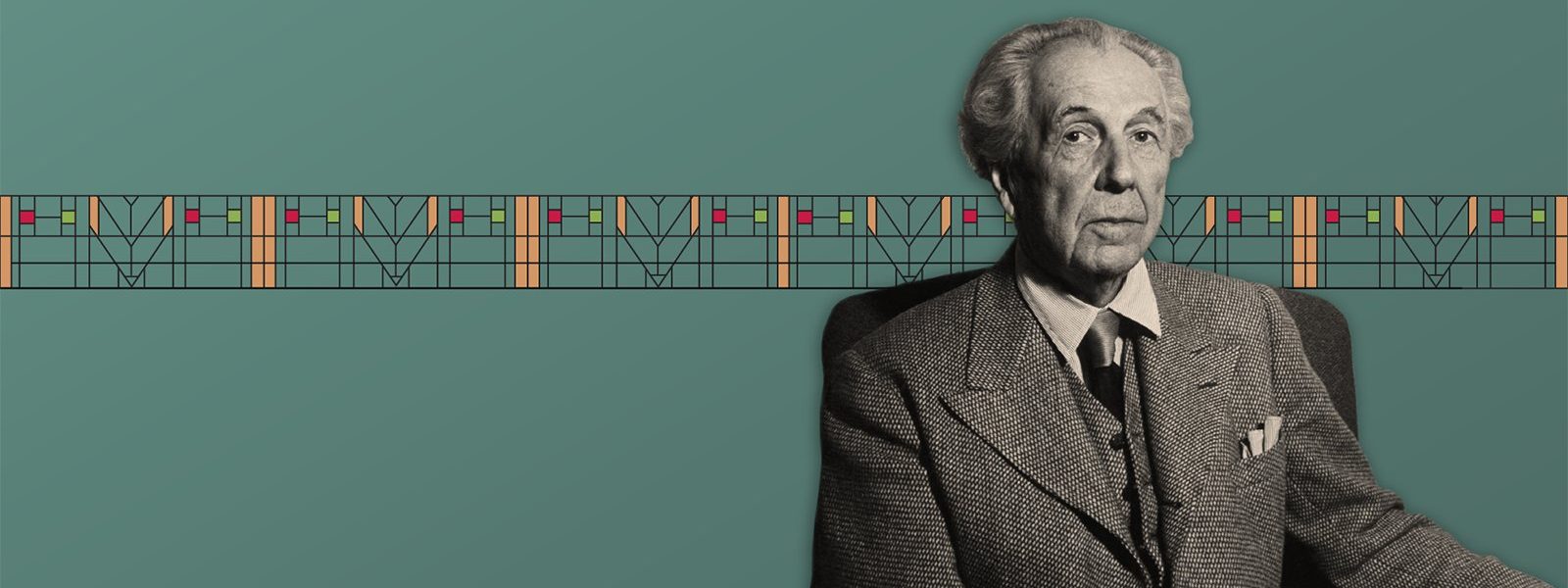 Photo illustration of a black and white photo of Frank Lloyd Wright against a green background with a patterned border that evokes his architectural style