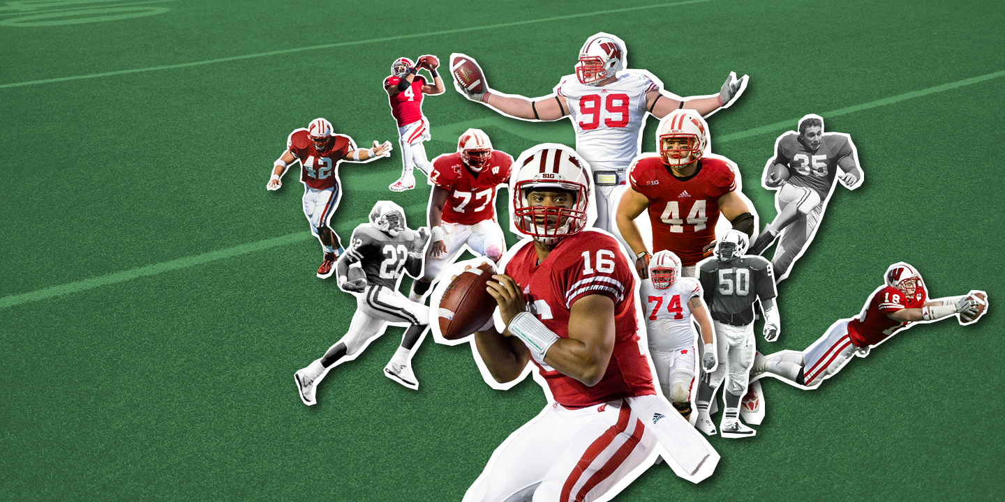 Photo illustration of cutouts of different generations of Badger football stars superimposed over a green football field background