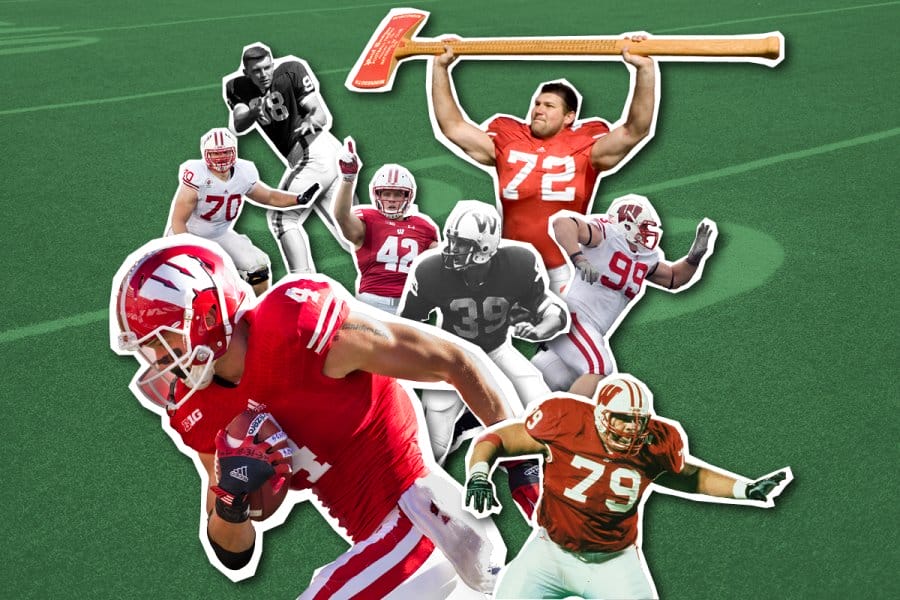 Photo collage of cutouts of Badger football players against a green astroturf football field