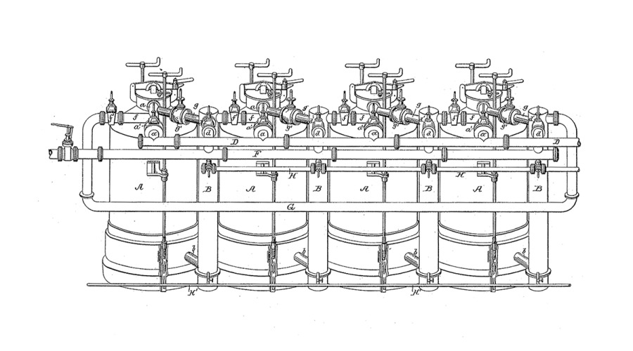 Black and white patent drawing of a diffusion battery with various pipes, valves, and mechanical components.