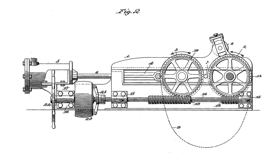 Black and white patent drawing of a cotton press with gears and a worm drive, featuring labeled components.