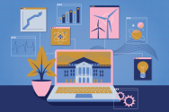 Illustration of a laptop screen showing Bascom Hall. Surrounding the laptop are icons of innovation: cogs, a lightbulb, windmills, an atom, space, and data charts.