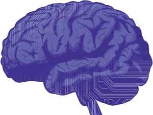 A stylized illustration of a human brain in shades of blue and purple, overlaid with circuit board patterns, symbolizing the intersection of AI and biomedical engineering.