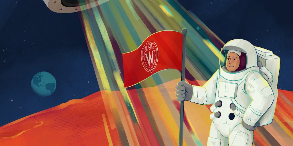 An illustration of an astronaut standing on a red planet, holding a red flag with a UW crest emblem. Colorful beams of light shine on the astronaut from above.