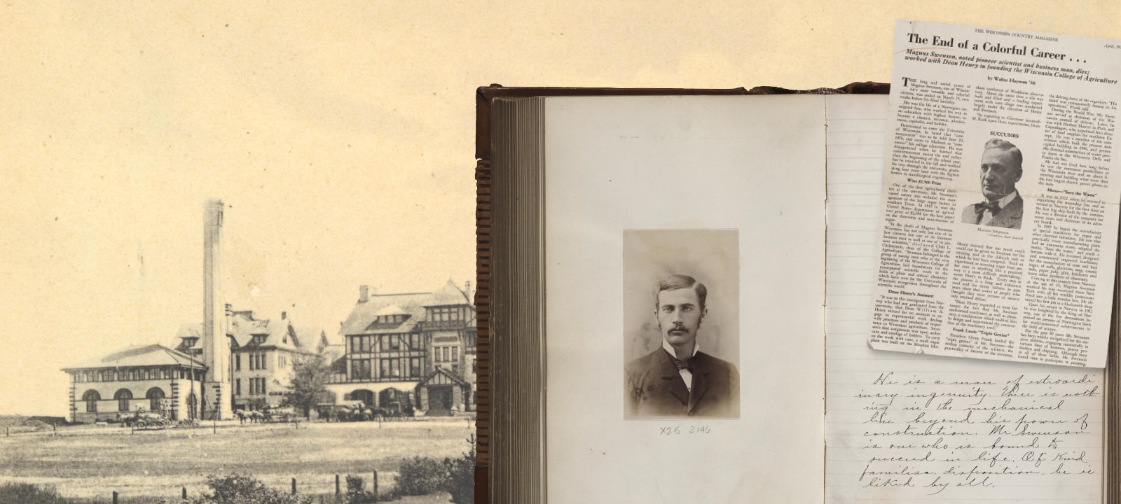 A collage of items related to Magnus Swenson -- an archival image of the Agricultural Building at UW, a photo of Swenson in college and a newspaper article about the end of his colorful career.