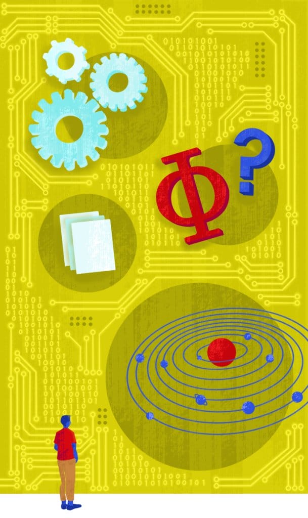 An illustration of a person observing scientific and mathematical symbols set against a backdrop of binary code and circuit patterns.