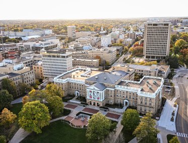 Aerial view of Bascom Hall and west campus.