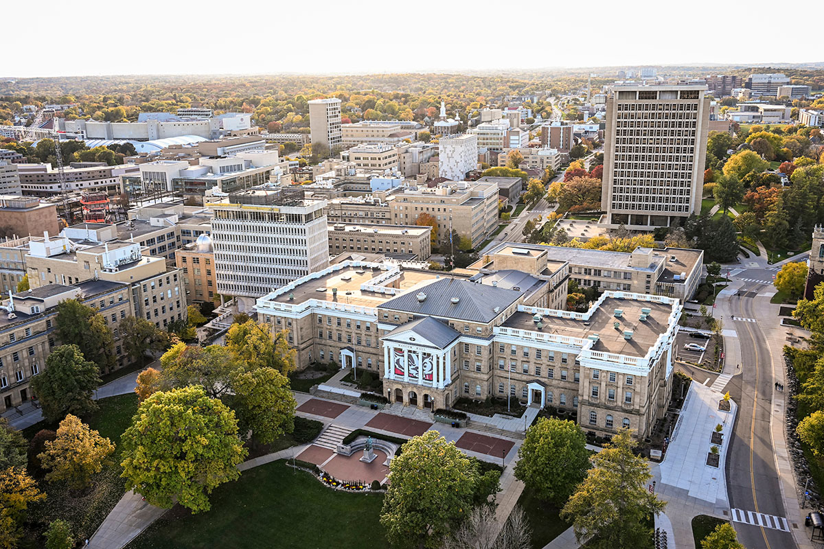 Aerial view of Bascom Hall and west campus.