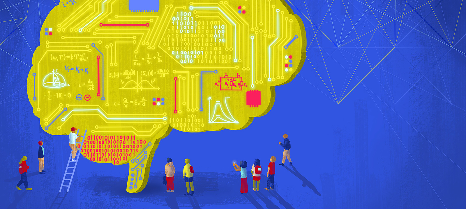 Illustration of a large yellow brain-shaped circuit board covered with mathematical equations, binary code, and electronic diagrams, surrounded by small people observing and interacting with it.