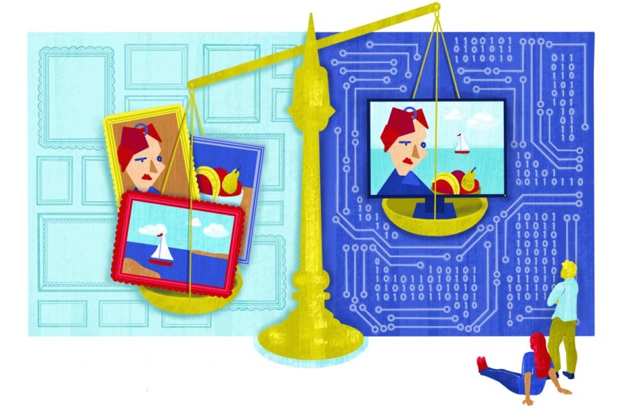 A large yellow balance scale with traditional framed paintings on the left and a digital screen showing similar images on the right, set against a backdrop of binary code and circuit patterns, with two people observing below.