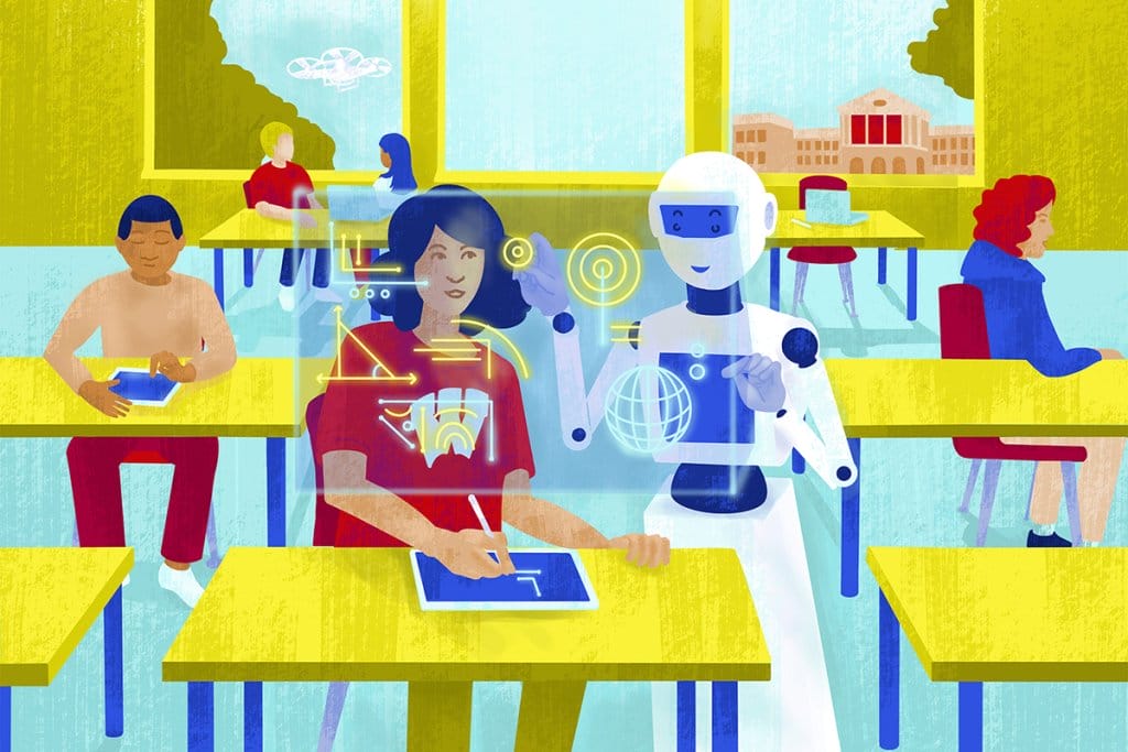Illustration of a robot helping a student with classwork, surrounded by holographic diagrams and symbols, while other students work at their desks in the background.