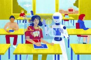 Illustration of a robot helping a student with classwork, surrounded by holographic diagrams and symbols, while other students work at their desks in the background.