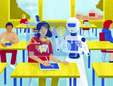 Illustration of a robot helping a student with classwork, surrounded by holographic diagrams and symbols, while other students work at their desks in the background.