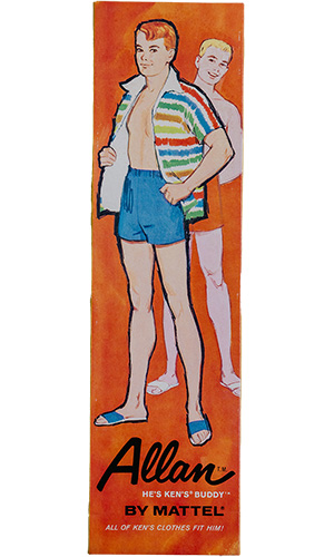 A vintage illustration of a doll named Allan, described as 'Ken's buddy' by Mattel, wearing an open, colorful striped shirt, blue shorts, and sandals, set against an orange background.