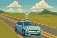 Self-driving car with a rooftop sensor emitting signals, traveling on a rural road with yellow lines, surrounded by green fields and hills under a blue sky with scattered clouds.