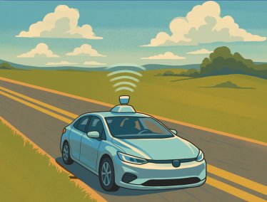 Self-driving car with a rooftop sensor emitting signals, traveling on a rural road with yellow lines, surrounded by green fields and hills under a blue sky with scattered clouds.