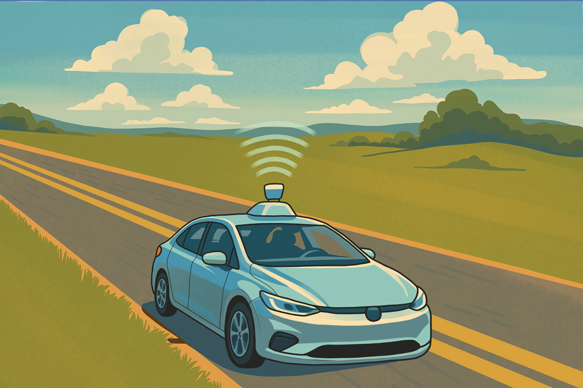 Self-driving car with a rooftop sensor emitting signals, traveling on a rural road with yellow lines, surrounded by green fields and hills under a blue sky with scattered clouds.