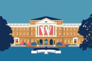 An illustration of Bascom Hall, featuring a large red 'W' banner hanging between the columns on the front facade.
